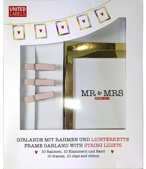 LITTLE ONES/MR & MRS - Foto Girlande mit LEDs, Klammern und goldfarbenen Rahmen